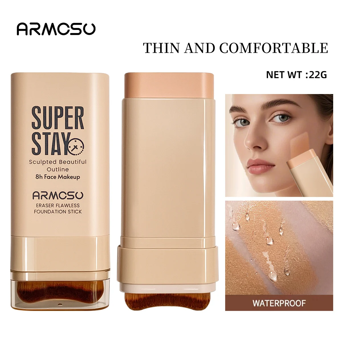 ARMOSU Double Head Eraser Flawless Foundation Stick with creamy formula for waterproof, full coverage makeup that lasts all day