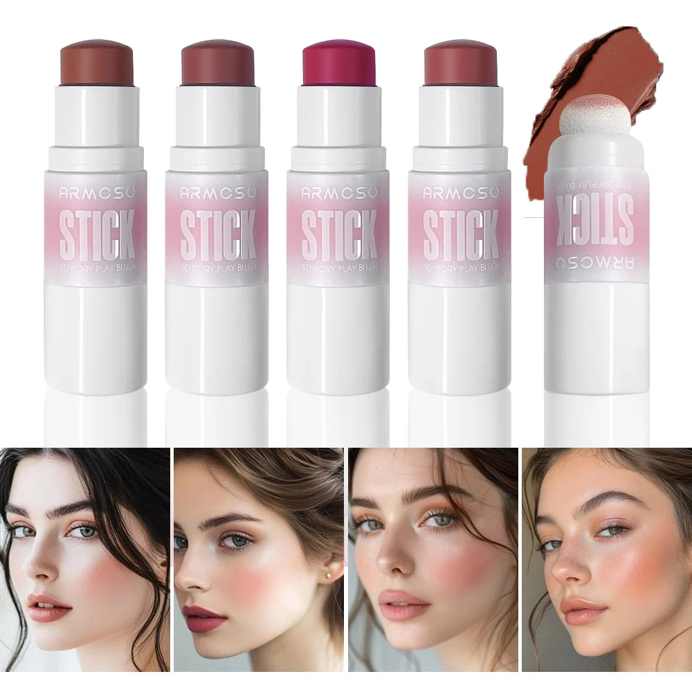 ARMOSU Cream Blush Stick 4.2g with Mushroom Sponge Applicator for Natural Blending